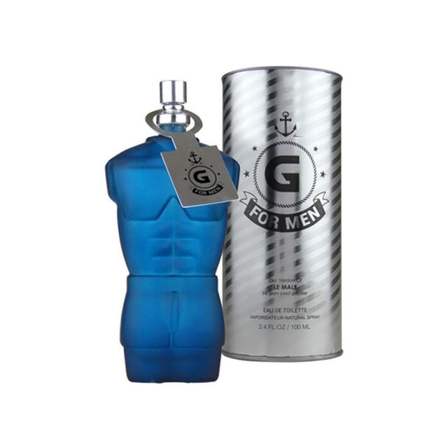 Perfume Mirage G For Men Caballero Eau De Toilette 100ml, botella azul mate con forma de torso masculino musculoso y etiqueta metálica colgante, junto a estuche cilíndrico plateado con rayas diagonales y logo G for Men, adecuado para uso diario y ocasiones especiales, también usado como regalo elegante.
