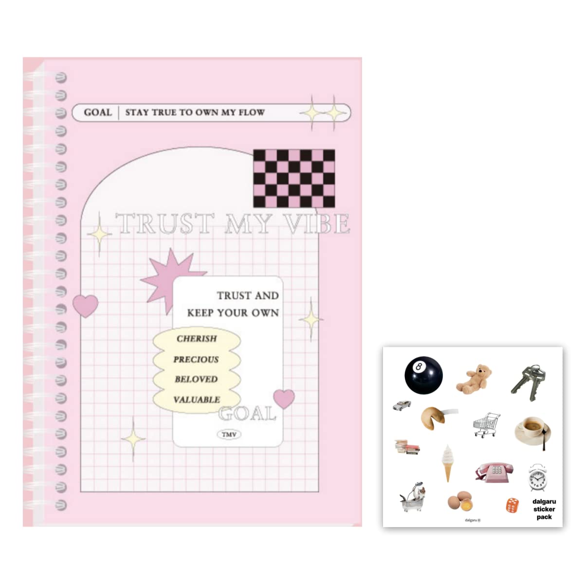 Cute Aesthetic Korean Daily Undated Pink Study Planner with sticker sheet  95 pages for Months, Hard Cover Cool Preppy Kawaii stationery journal for  school, academic, teens, women, girls
