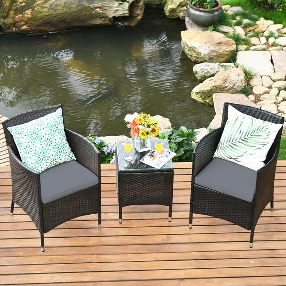 Gymax 3PCS Patio Rattan Chair & Table Furniture Set Outdoor w/ Grey Cushion