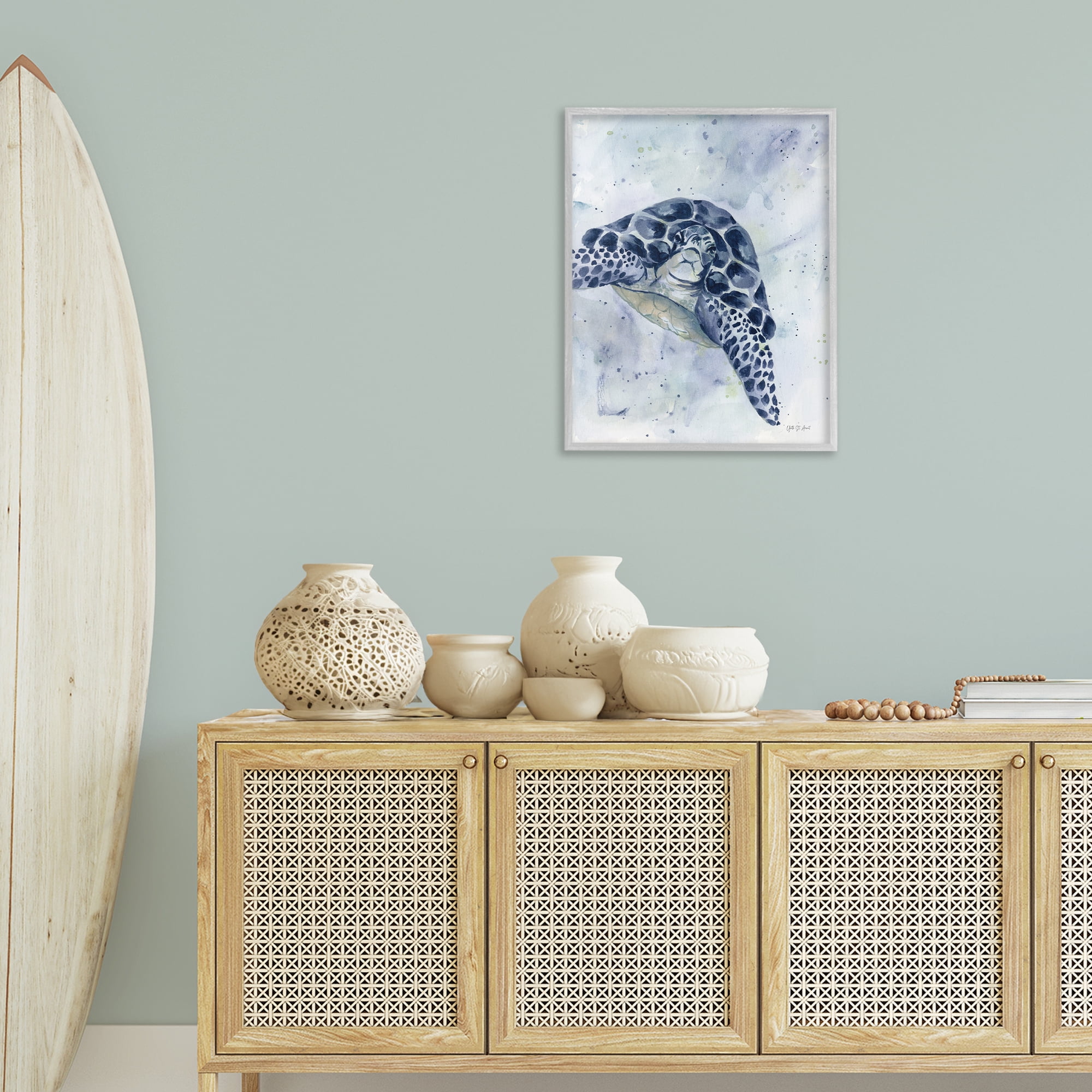 Stupell Industries Swimming Blue Turtle Animals & Insects Painting Gray Framed Art Print Wall Art, 24 x 30