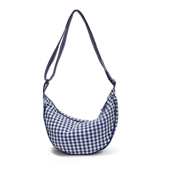 Women Checkered Nylon Crescent Crossbody Bag Lightweight Adjustable Shoulder Bag Casual Daily Purse (Blue)