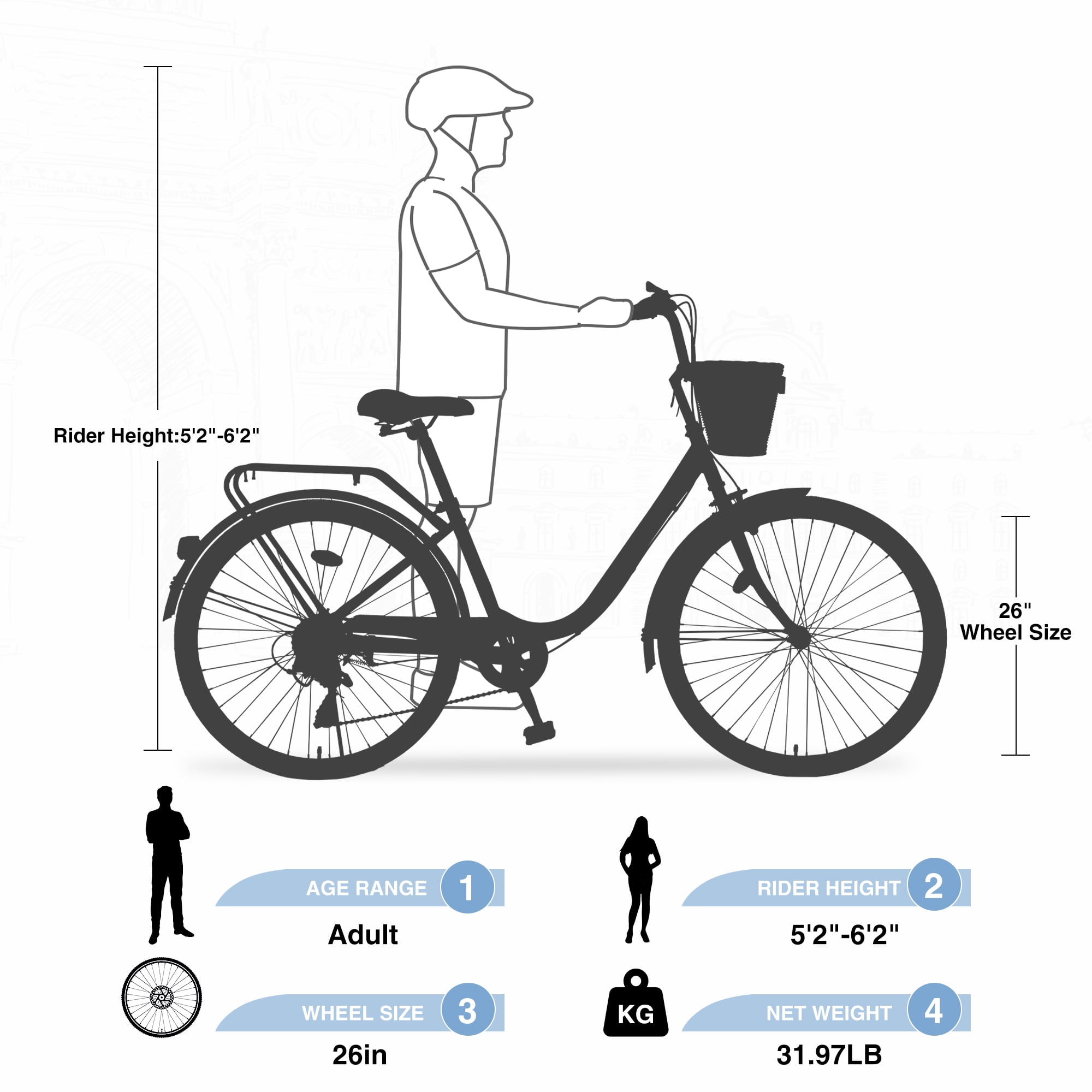 Aukfa Cruiser Bike, Hybrid Bikes with Basket for Women Adult,Blue