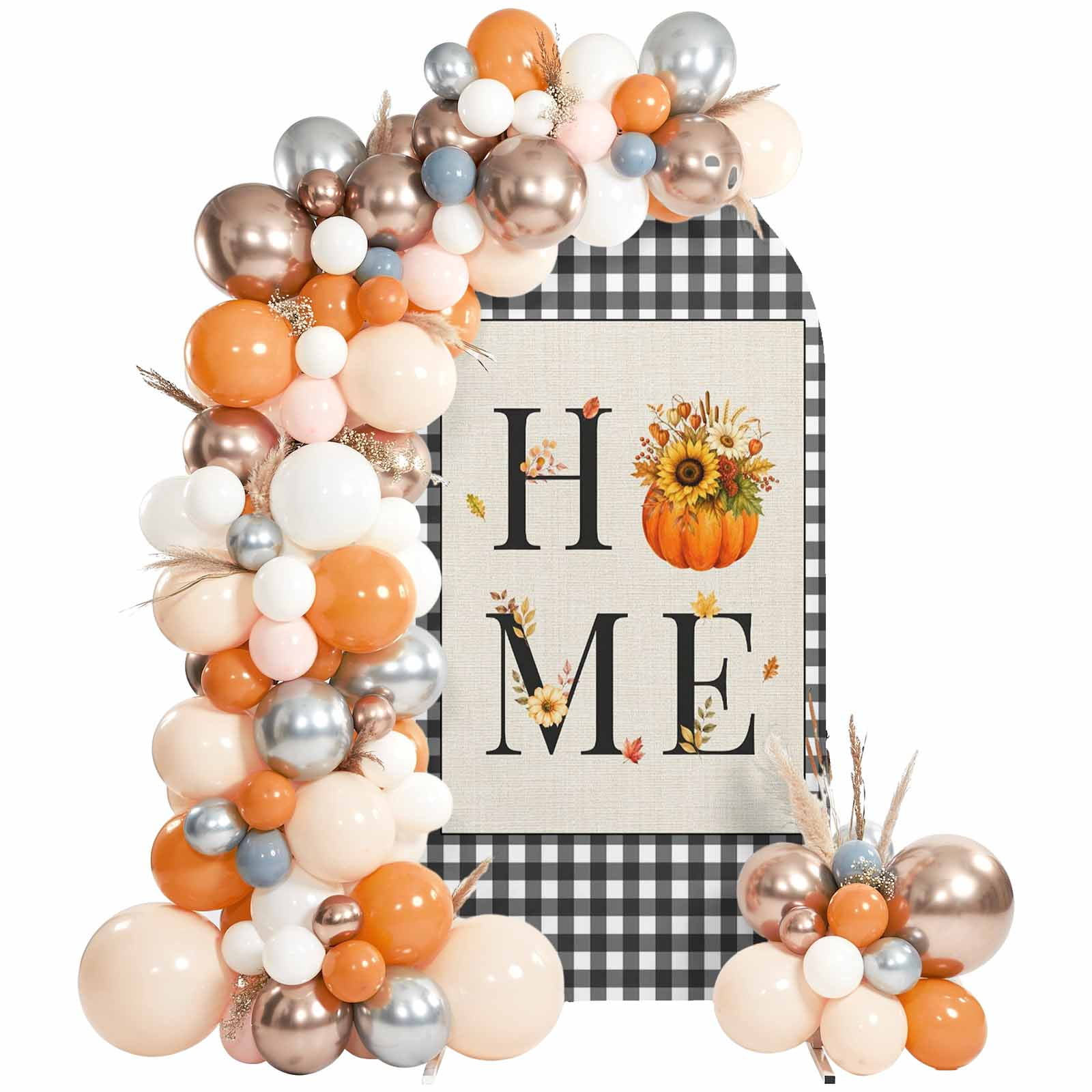 Fall Home Arch Backdrop Covers 6.6 FT Thanksgiving Pumpkin Floral Black Buffalo Plaid Linen Stretchy Fitted Arched Stand Covers Party Arch Stand Cover Photo Booth for Wedding Birthday Decor