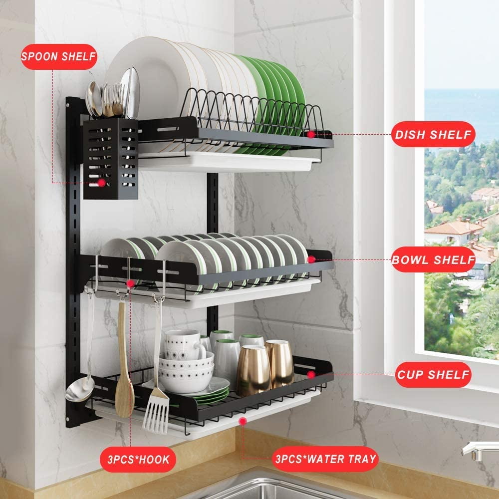 Junyuan Hanging Dish Drying Rack Wall Mount, 3 Tier Kitchen Plate Organizer Storage Shelf with Drain Tray, Stainless Steel Black