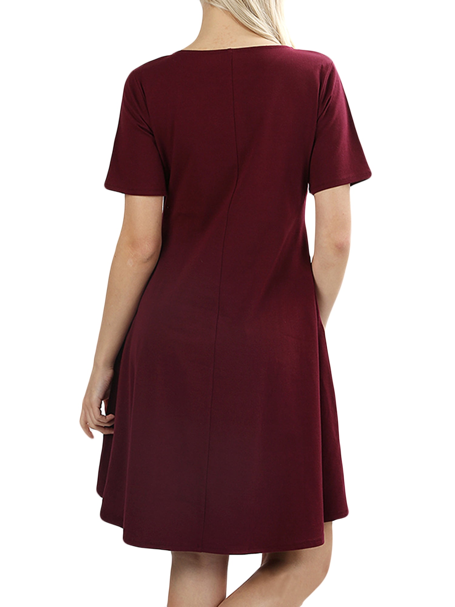 Womens Round Neck Short Sleeve Stretch Cotton Side Pocket A-line