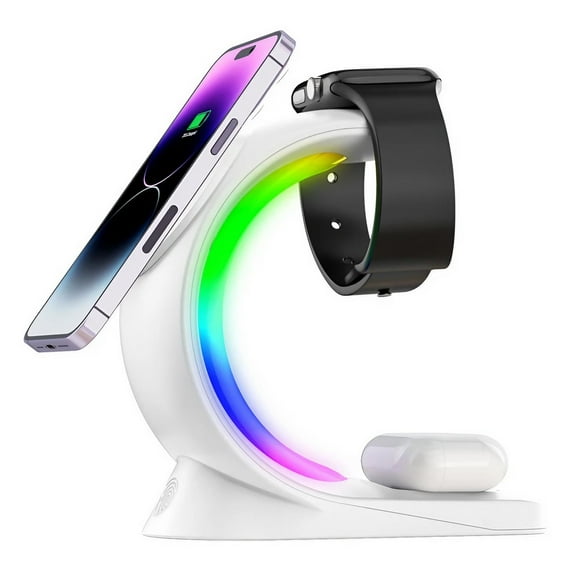 Wireless Charging Station, 6-Color RGB Light 15W Fast Magnetic Wireless Charger Stand For Apple Multiple Devices
