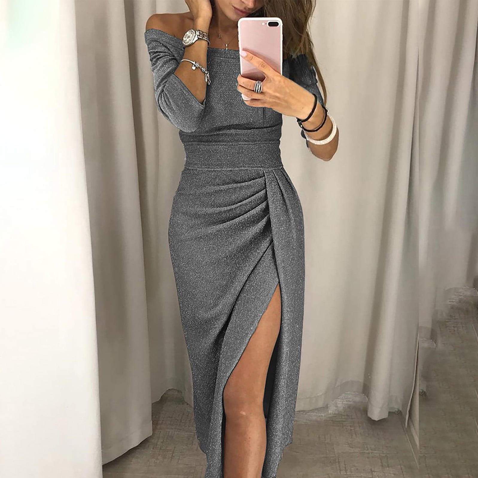 EINCcm Women s Casual One Shoulder Maxi Dress Gray S