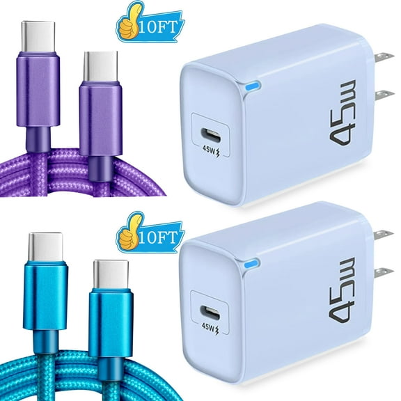 2Pack 45W USB C Wall Charger Super Fast Charger Type C,AlmosTen 45 Watt Usb C Phone Charger Android Charger Block for Samsung Charger Type C Super Fast Charging with Cable Cord 10 ft,Blue Purple