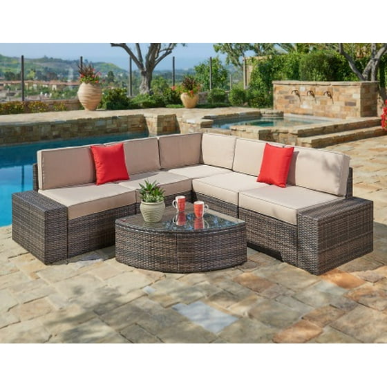 Suncrown Outdoor Furniture Sectional Sofa Wedge Table 6 Piece Set Suncrown Outdoor Furniture Sectional Sofa Wedge Table 6 Piece Set All Weather Brown Wicker With Washable Seat Cushions Modern Glass Coffee