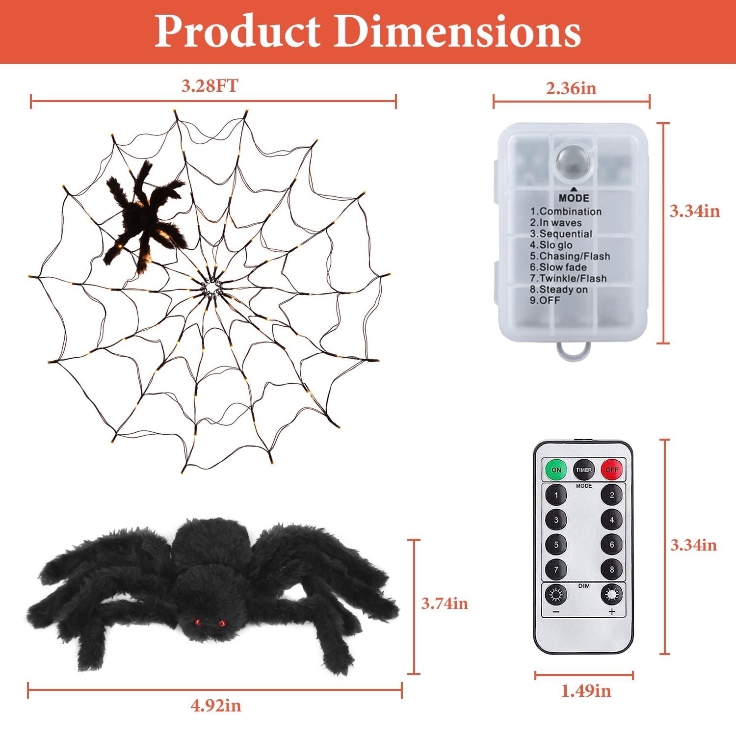 Halloween Spider Web Light, 3.28ft Diameter, 70 LEDs, 8 Modes, 10 Brightness Levels, Battery Powered, IP44 Waterproof with Remote & Timer