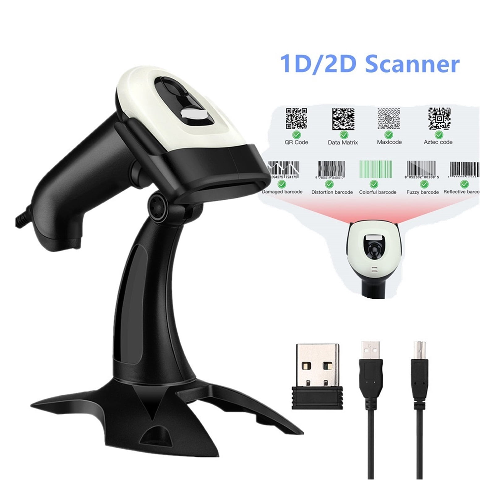 Wireless 2D QR Barcode Scanner With Stand Bluetooth 2.4G Wireless USB Wired Handheld Barcode Reader Scanning Auto Sensing ,Easy to Operate