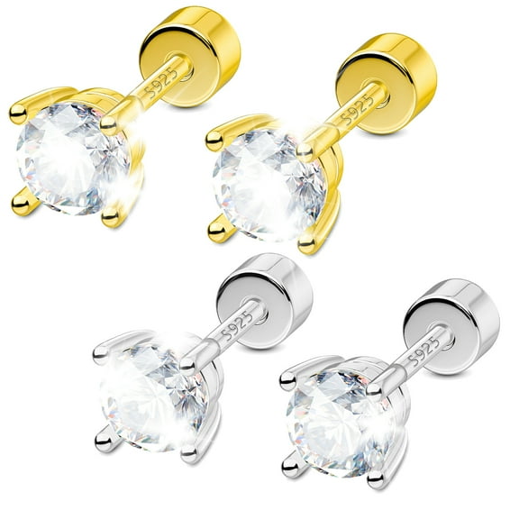 OUFER 2PCS Stud Earrings 925 Sterling Silver 2 3 4mm Zircon Hypoallergenic Gold Plated Cartilage Earrings for Women