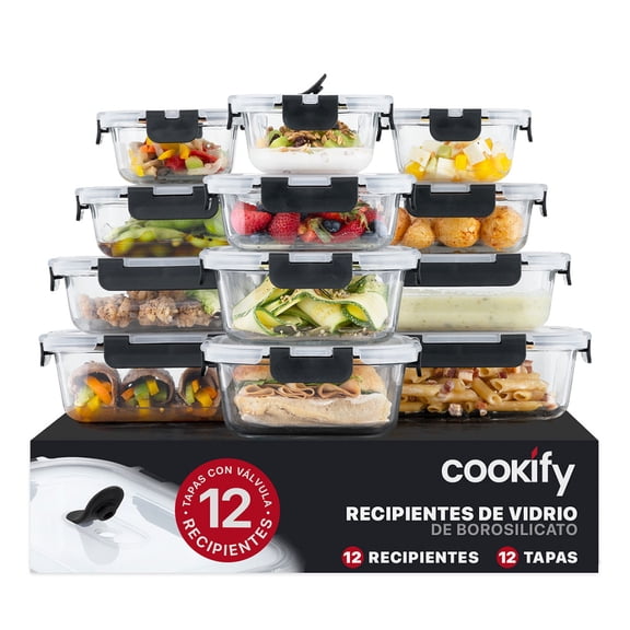 Set 12 Recipentes De Vidrio Cookify, Tapa Hermética | Refractarios Contenedores Resistentes Sin Bpa, Aptos Para Horno, Congelador