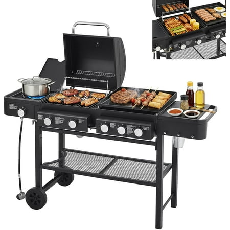 5 Burners Propane Gas Grill and Griddle Combo with Side Burner, 3 in 1 Griddle Grill and Porcelain-Enameled Cast Iron Grates, 56,000 BTU Outdoor Cooking Barbecue Grill, Black