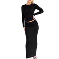 thumbnail image 5 of Cenuakty Women Fall Skirts Outfits Solid Color Crew Neck Long Sleeve T-Shirts Tops Packaged Hip Long Skirts 2 Pieces Clothes Set, 5 of 9