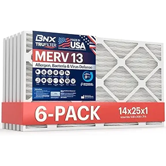 BNX TruFilter 14x25x1 Air Filter MERV 13 (6-Pack) - MADE IN USA - Electrostatic Pleated Air Conditioner HVAC AC Furnace Filters for Allergies, Pollen, Mold, Bacteria, Smoke, Allergen, MPR 1900 FPR 10