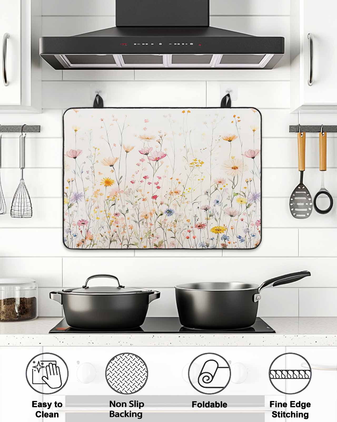 Stove Top Covers for Electric Stove, Spring Flowers Glass Stovetop Cover Protector, Watercolor Wildflowers Farmhouse Floral Induction Cooktop Protector Oven Mat for Kitchen Countertop 24"x21"