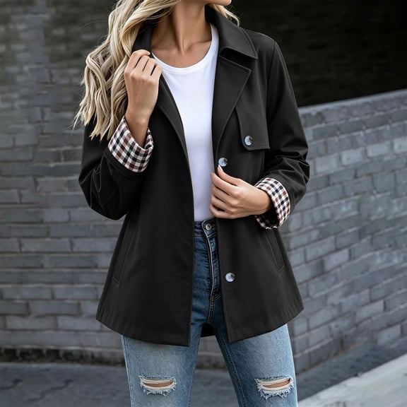 Byworldtasic Womens Lapel Short Trench Coat Plaid Cuff Lightweight Casual Button Jacket with Pockets