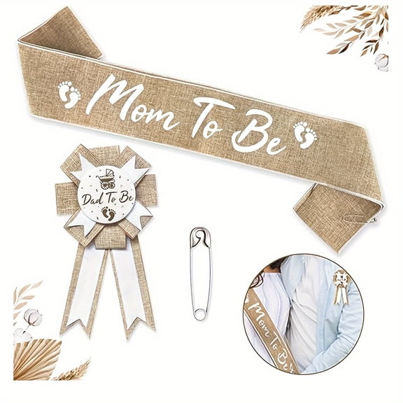 Mom to Be Sash Baby Shower - Elegant Boho Style Mommy to Be Sash for Baby Shower & Dad to Be Pin for Boy & Girl Gender Reveal Parties - Stylish Accessories Made of Tear & Stain Resistant Burlap
