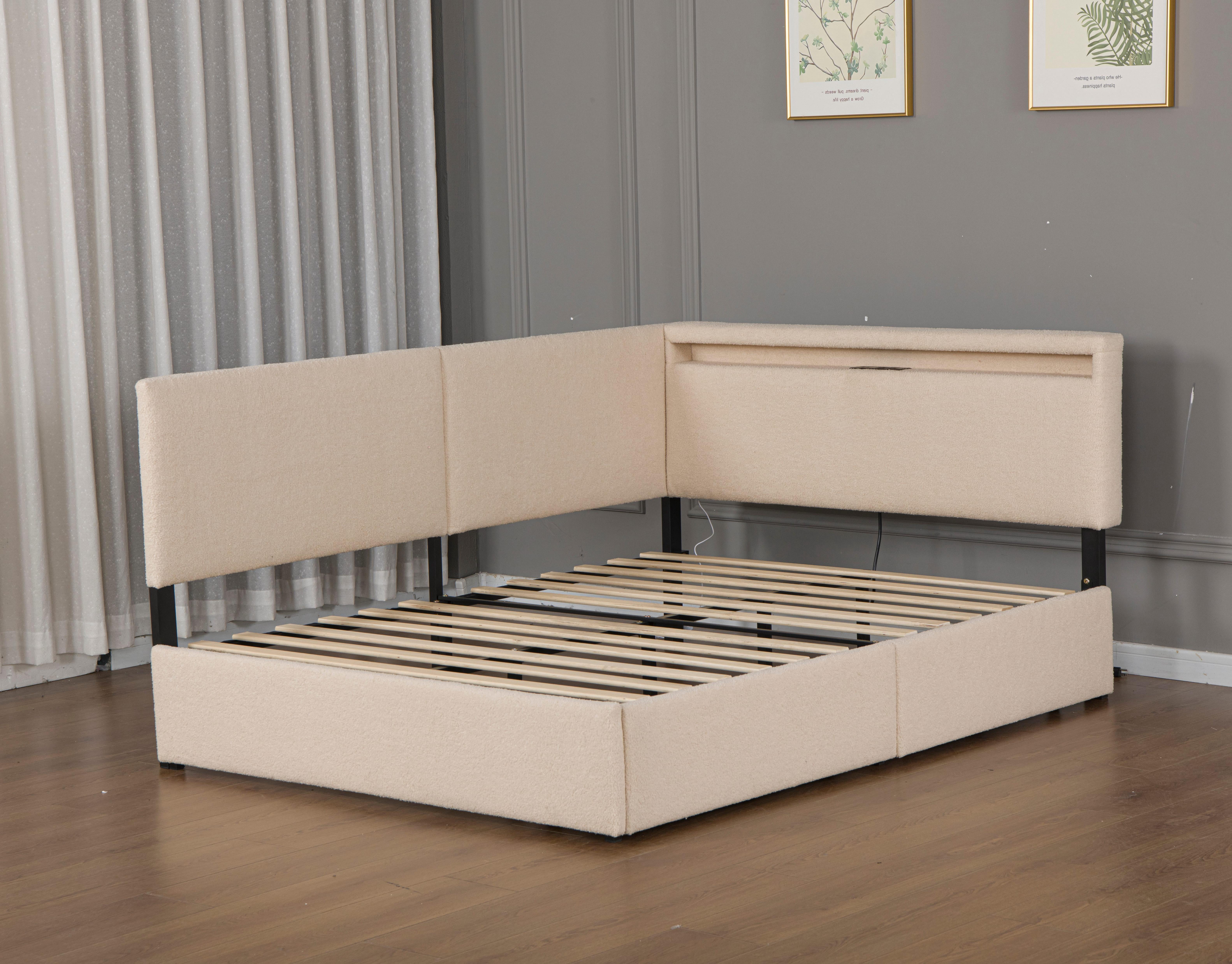 Upholstered Platform Bed Full Size, Cloud Bed Frame with USB Charging and LED Lights, Storage Drawers and Solid Wood Legs, No Box Spring Needed, Beige