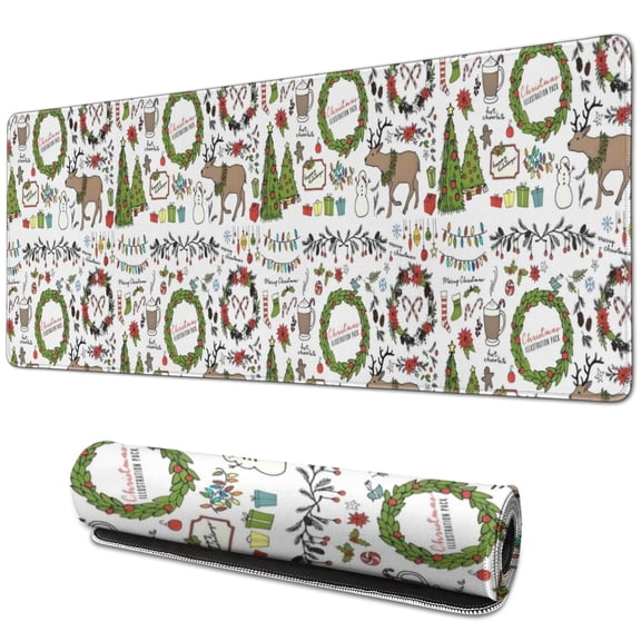 Long Mouse Pads for Desk,White Christmas Wreath Pattern Desk Mats on Top Of Desks, Desk Mouse Pad Extra Large with 3mm Non-Slip Base and Stitched Edge for Gaming,Office,Work,Home 31.5x11.8in