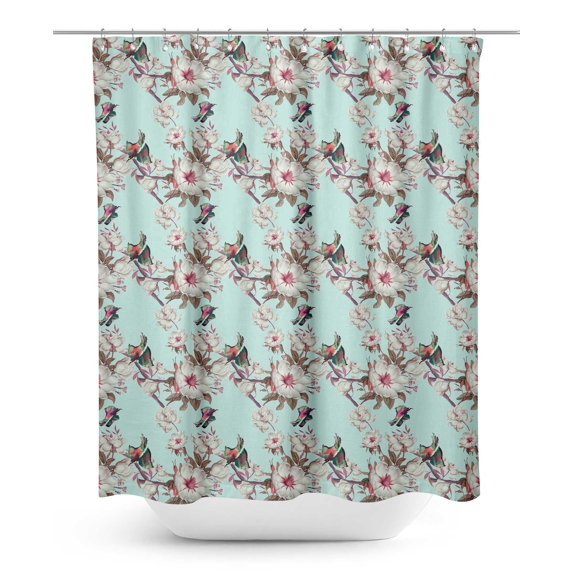 S4Sassy Green Floral & Kingfisher Bird Decorative Waterproof Printed Shower Curtain Roller Hooks Drapes-60 x 84 Inch