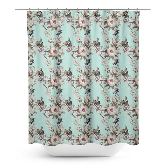 S4Sassy Green Floral & Kingfisher Bird Decorative Waterproof Printed Shower Curtain Roller Hooks Drapes-60 x 84 Inch