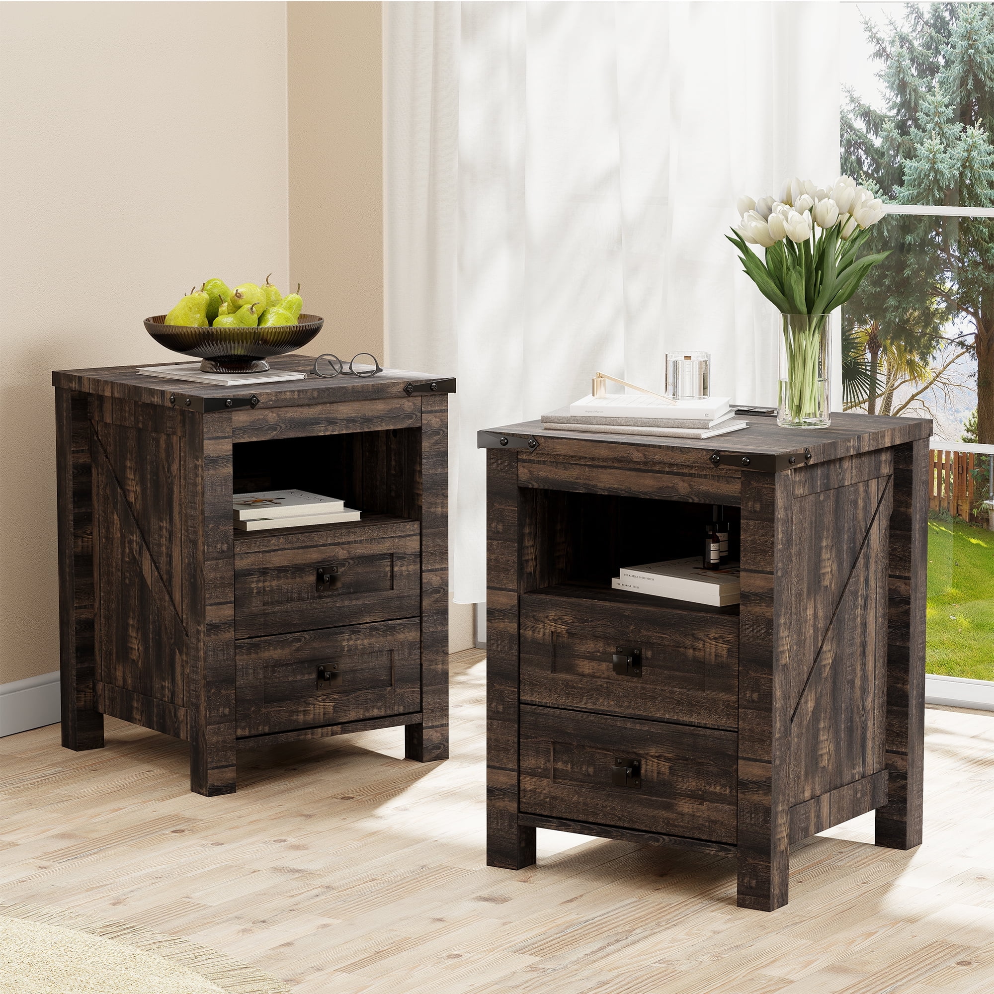 OKD Farmhouse Nightstand Set of 2 with Charging Station, 2-Drawer End Table, Dark Rustic Oak