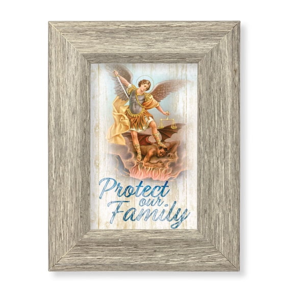 St. Michael House Blessing Picture Framed Wall Art Decor Small, Curved Gray Weathered Oak Finish Frame