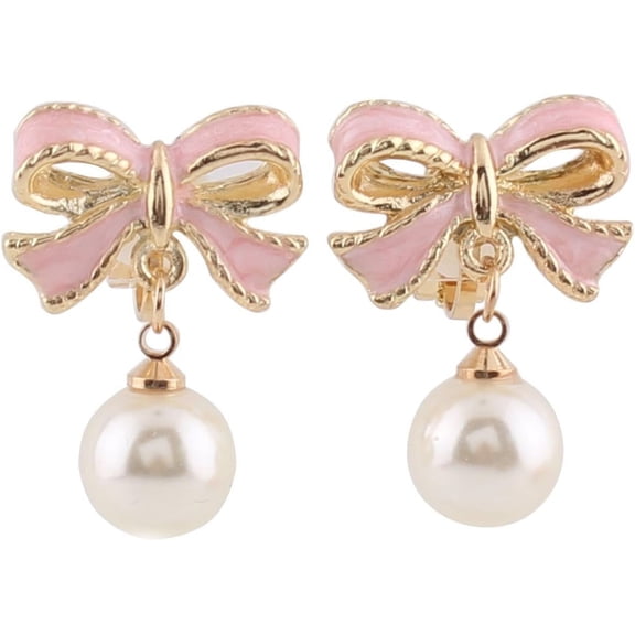 YMCSTONEMA Pink Bowknot Shape Clip On Earrings Without Piercing For Women Faux Pearl Drop Earrings(Pink Bowknot Clip-Ons)[Z1933]