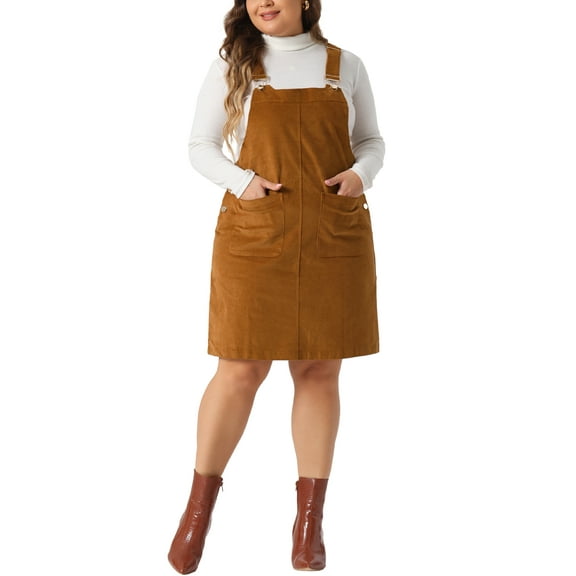 Agnes Orinda Women's Plus Size Suspender Skirt Adjustable Strap Pinafore Corduroy Overalls Dress Skirts with Pockets 2X Brown