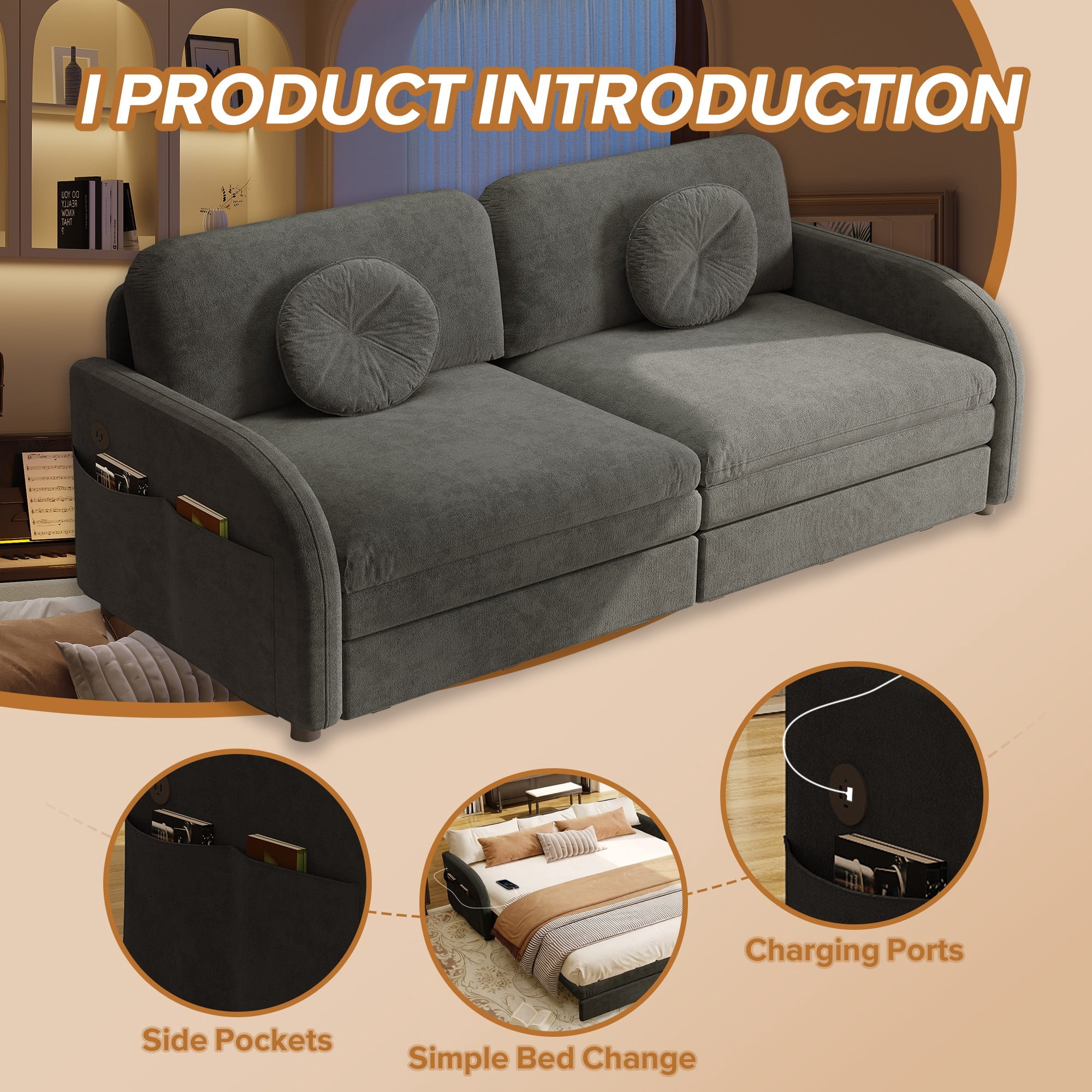 LLappuil Queen Size Pull Out Sofa Bed, Compact Loveseat Sofa Covertible Sofa Bed with USB Port, Side Pocket , Chenille Sofa Couch for Living Room Gray