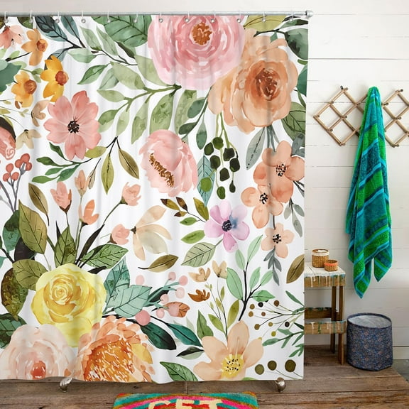 Boho Floral Shower Curtain for Bathroom,Spring Summer Vintage Pink Watercolor Peonies Shower Curtain with Hooks,Polyester Fabric Shower Curtains Machine Washable Waterproof Bath Decor 72" x 72"