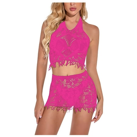 

DORKASM Womens Lace Lingerie Bra and Panty Set Halter Sexy Tassle Push Up Babydoll Hot Pink One Size