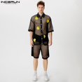 thumbnail image 5 of INCERUN 2024 Conjuntos de moda sexys para hombre, camisa de manga corta con decoración de flores huecas de malla, pantalones cortos, ropa de club informal, conjuntos de dos piezas S-5XL, 5 of 5