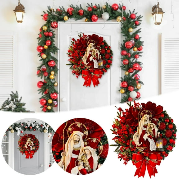 Pre-Lit Holy Family Christmas Wreath – 40cm Door Hanging Garland with LED Lights for Home Decor