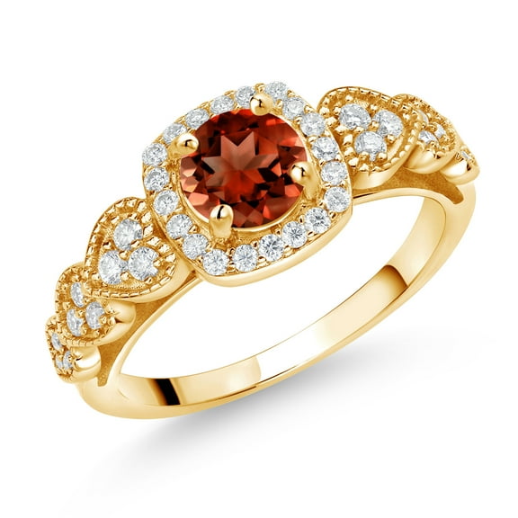 Gem Stone King 18K Yellow Gold Plated Silver Red Garnet and White Moissanite Engagement Ring for Women (1.38 Cttw, Round 6MM, Gemstone January Birthstone, Size 5)