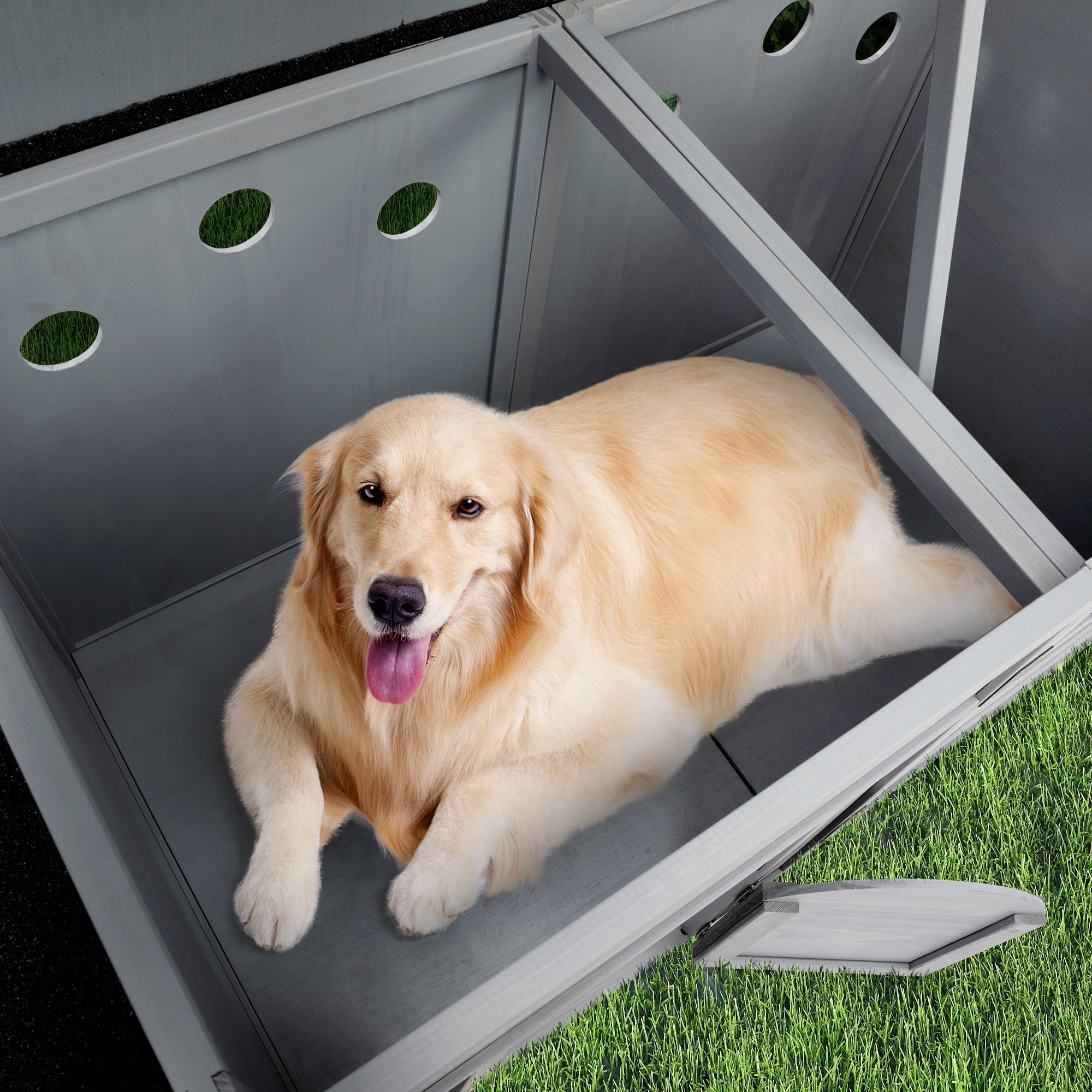 COZIWOW Dog House Outdoor Wooden Dog Kennel Weatherproof with Slow Food Bowls, Storage Box, Open Roof