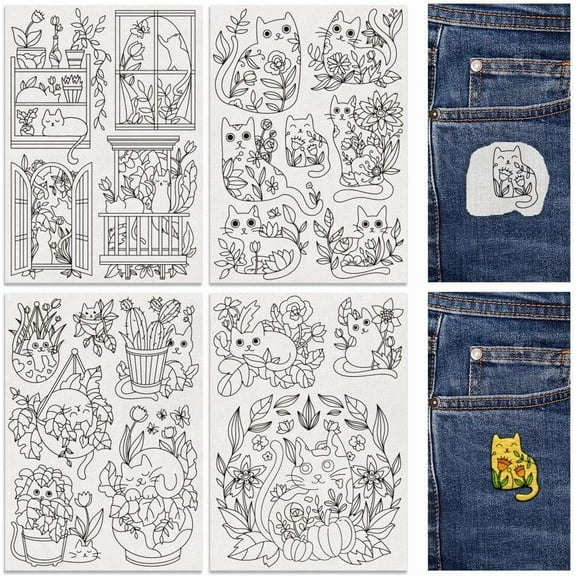 20Pcs Cat Playing in Flowers Embroidery Pattern Stabilizer 8.3”x11.7” Cartoon Kitten Water Soluble Stick and Stitch Embroidery Sticker 4 Sheets Hand Sewing DIY Embroidery Transfer Paper