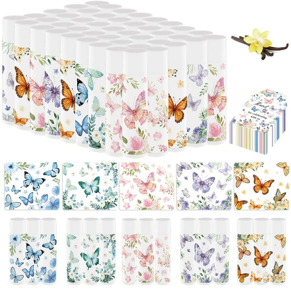 50 unidades de bálsamo labial de mariposa para baby shower, regalo de agradecimiento a granel para mujeres, personal, cuidado hidratante de labios con bolsa de organza y etiqueta para despedida de sol