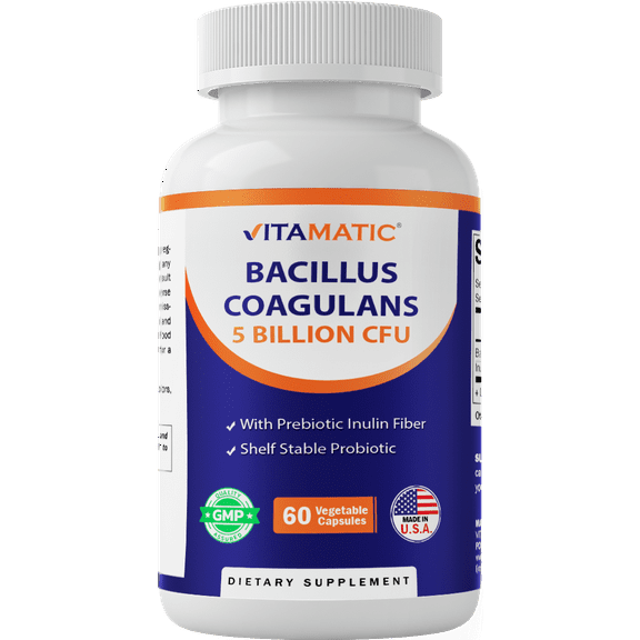 Vitamatic Bacillus Coagulans Shelf Stable Probiotic Supplement - Promote GI Digestive Health - 60 Vegetable Capsules - Survives Stomach Acids