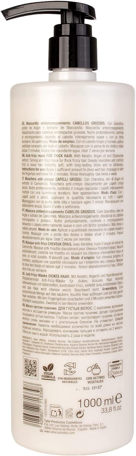 Tahe Miracle Gold Anti-Frizz Mask for Thick Hair with Keratin, Argan Oil, and Chamomile Extract, 1000ml