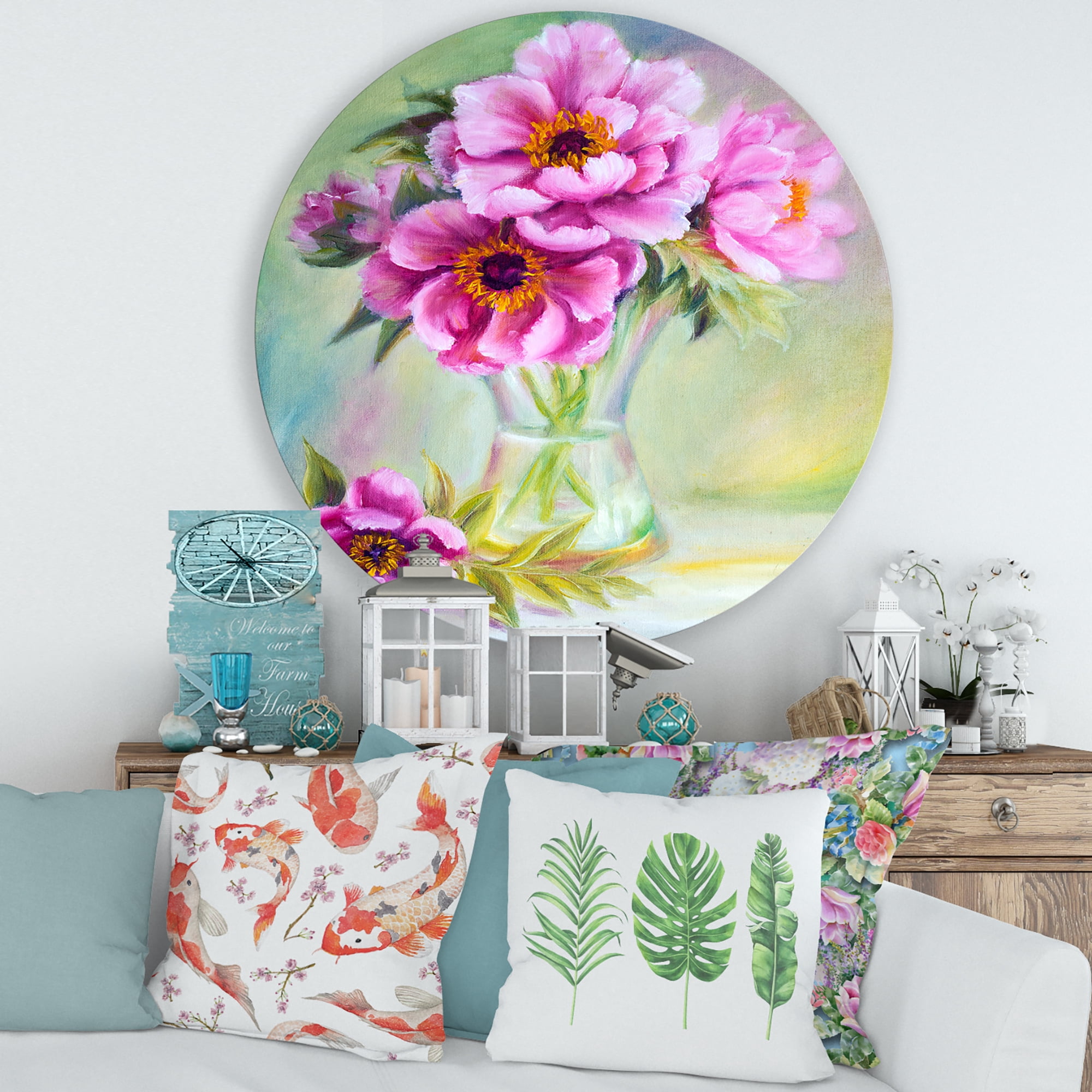 Designart 'Purple Peonies In Vase Still Life' Traditional Circle Metal Wall Art 29x29 - Disc of 29