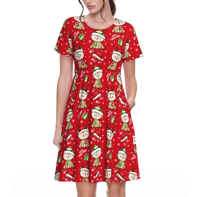Disketp cute Christmas Moose para Vestido de Manga Corta para Mujeres, Vestidos de Verano para Mujeres, Casual y Holgado para la Playa