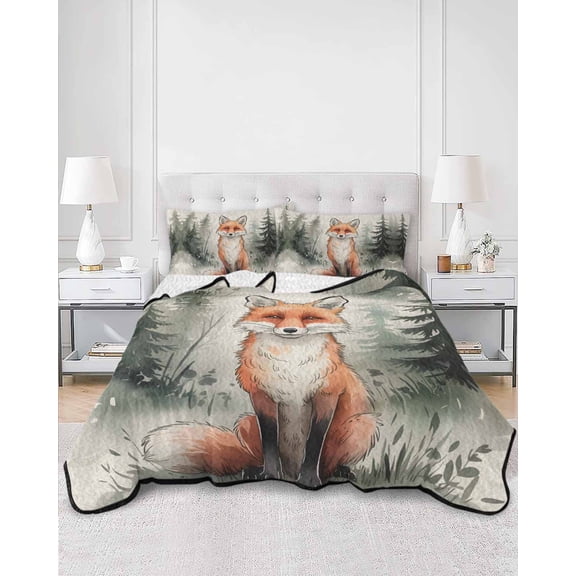 Quilts King Size, Orange Fox Soft Comforter Bedding Set for Bed, Woodland Pine Trees Misty Forest Retro Beige Lightweight Quilted Bedspread with Pillow Cover(2 Pieces) for All Season, 96x106 Inch