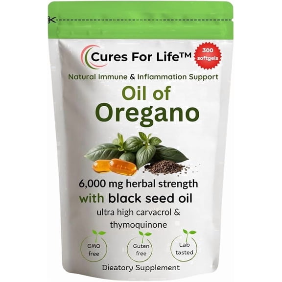 Oil of Oregano Softgels – 6000mg High Potency with 165mg Carvacrol & 200mg Black Seed Oil – 2-in-1 Immune Support & Digestive Health – 300 Softgels – Oregano Oil Capsules Supplement
