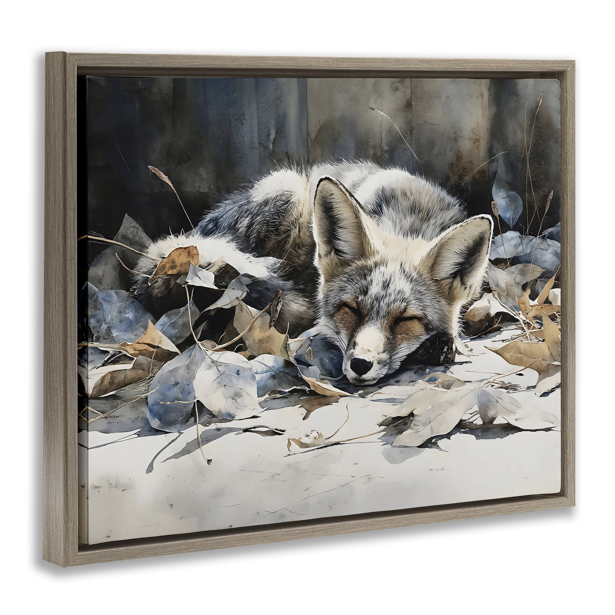 Stupell Industries Blue Fox Resting Among Leaves Brown Framed Floater Canvas Wall Art, design by Franklyn Gregory