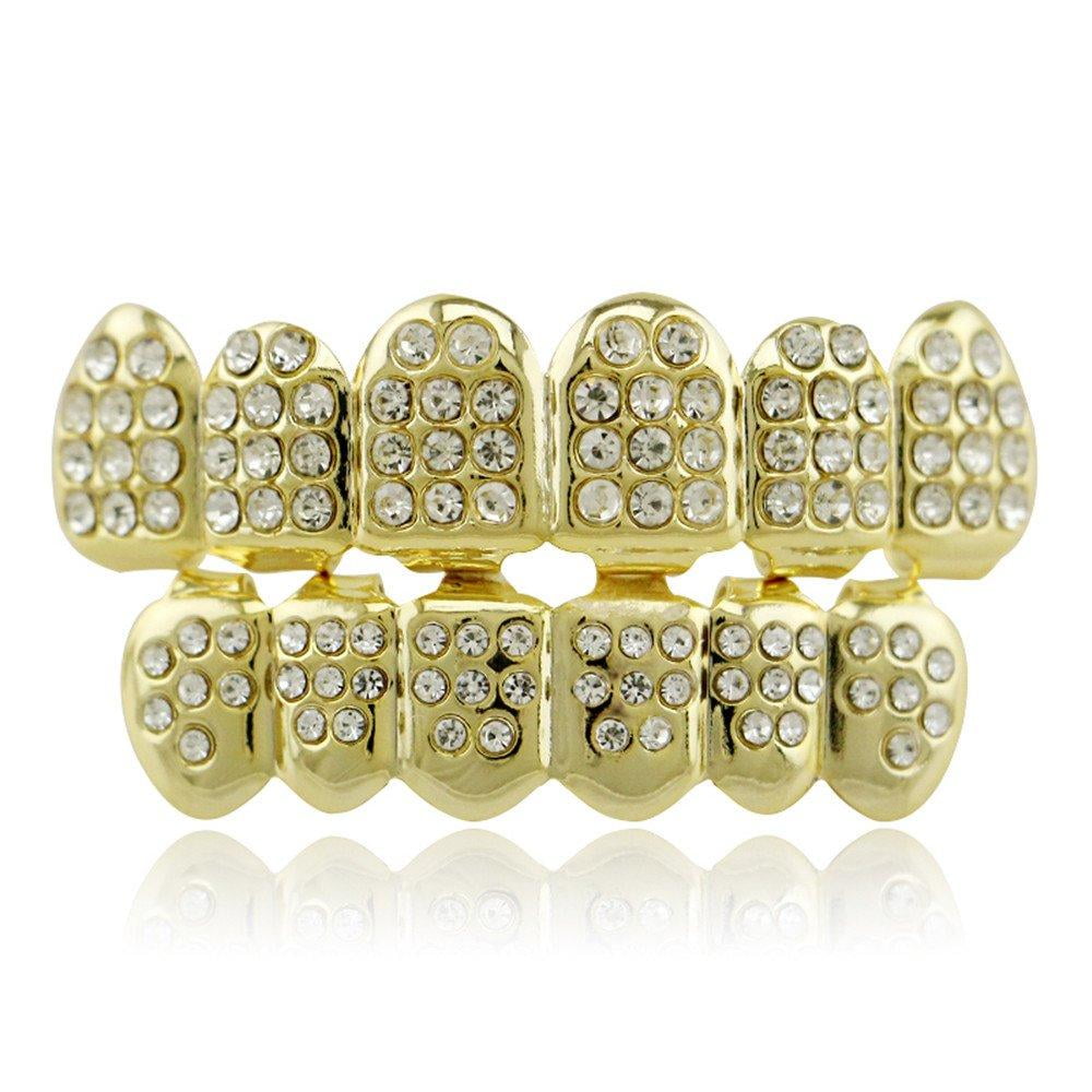 LuReen 14k Gold Plated Grills with Diamond Hip Hop Teeth Top and Bottom Set
