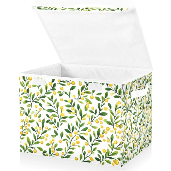 Yayeee Collapsible Storage Bin with Lid Fabric Closet Decorative Basket with Handles, Olive Leaf