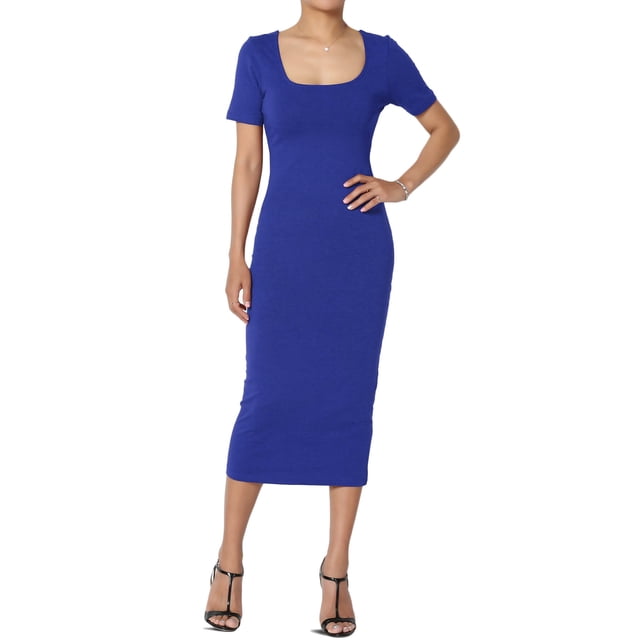 TheMogan Robe Midi Moulante Crayon en Coton Extensible à Manches Courtes et Encolure Carrée pour Femmes P-TG